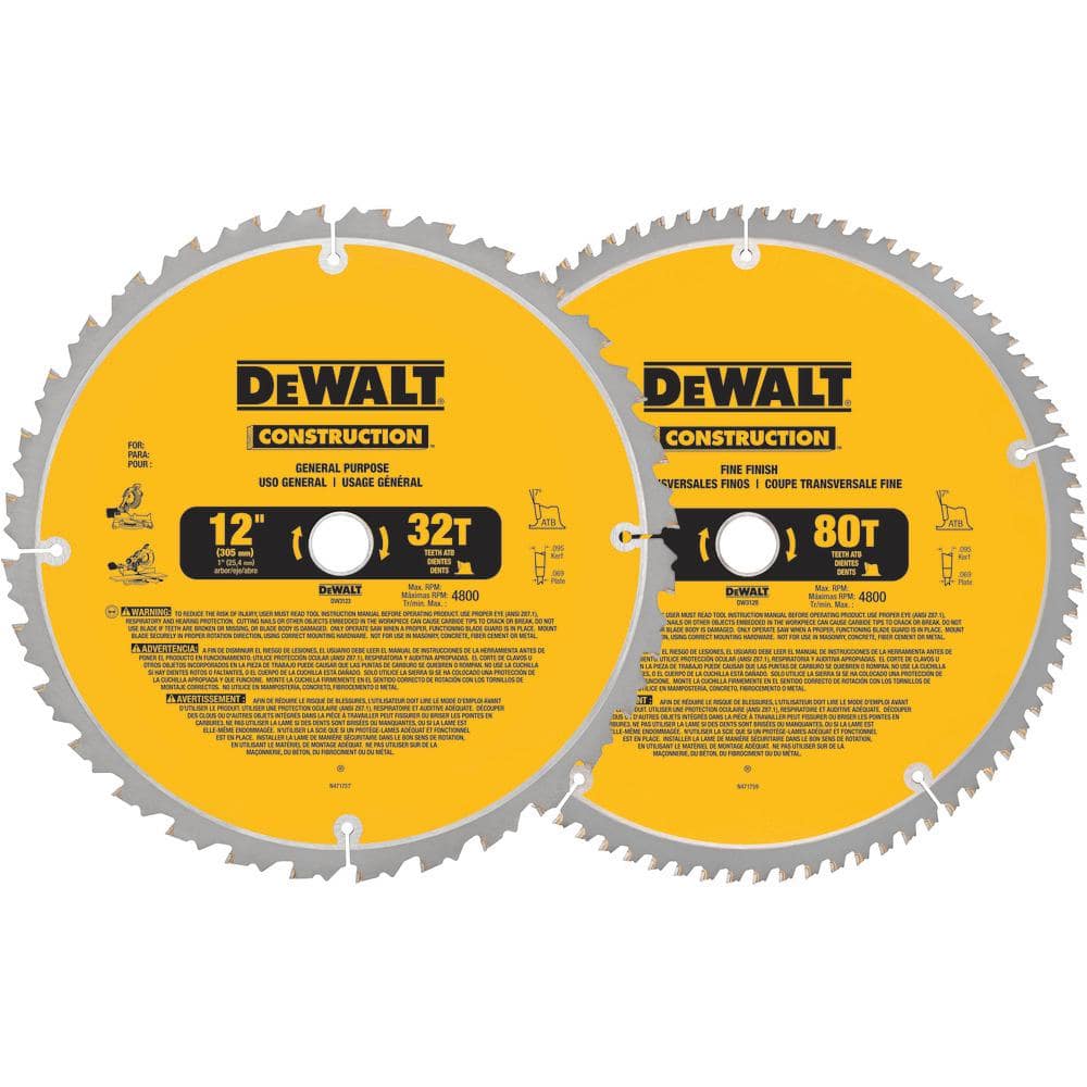 DEWALT 12 in. Miter Saw Blade 32-Teeth and 80-Teeth (2-Pack) DW3128P5 The  Home Depot