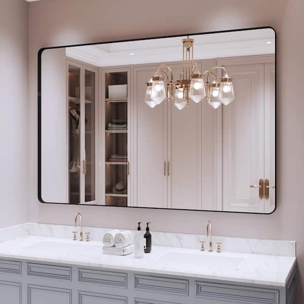48 in. W x 32 in. H Rectangular Angle rounded Framed Wall Mounted Bathroom Vanity Mirror in Black