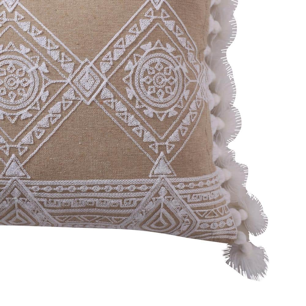 Natural Tan and White Embroidered Ikat Tassel Pillow 14x18