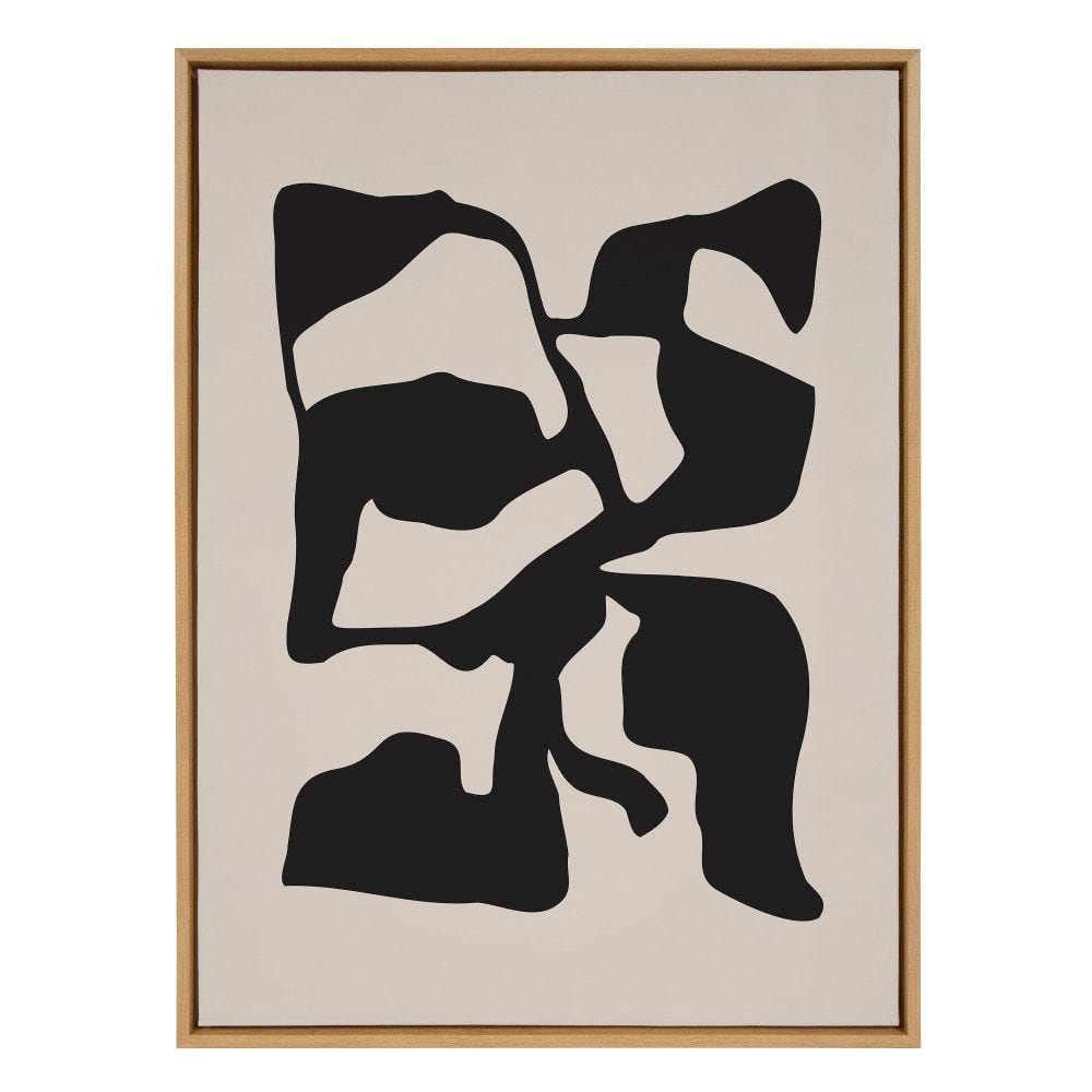 Large Black and Tan Abstract Canvas Wall Art with Natural Frame