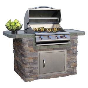 6 ft. Stone Veneer and Tile Grill Island with 4-Burner Gas Grill in Stainless Steel