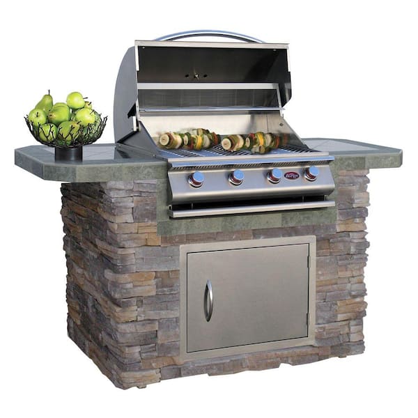 Cal Flame 6 ft. Stone Veneer and Tile Grill Island with 4-Burner Gas Grill in Stainless Steel