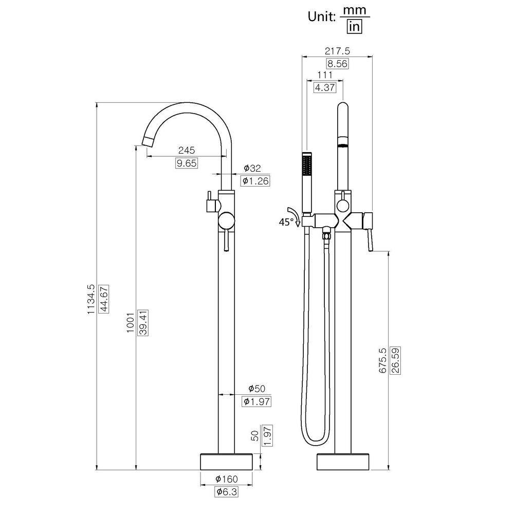 Satin Nickel Floor Mount Freestanding Bathtub Filler Faucet with Handheld Shower