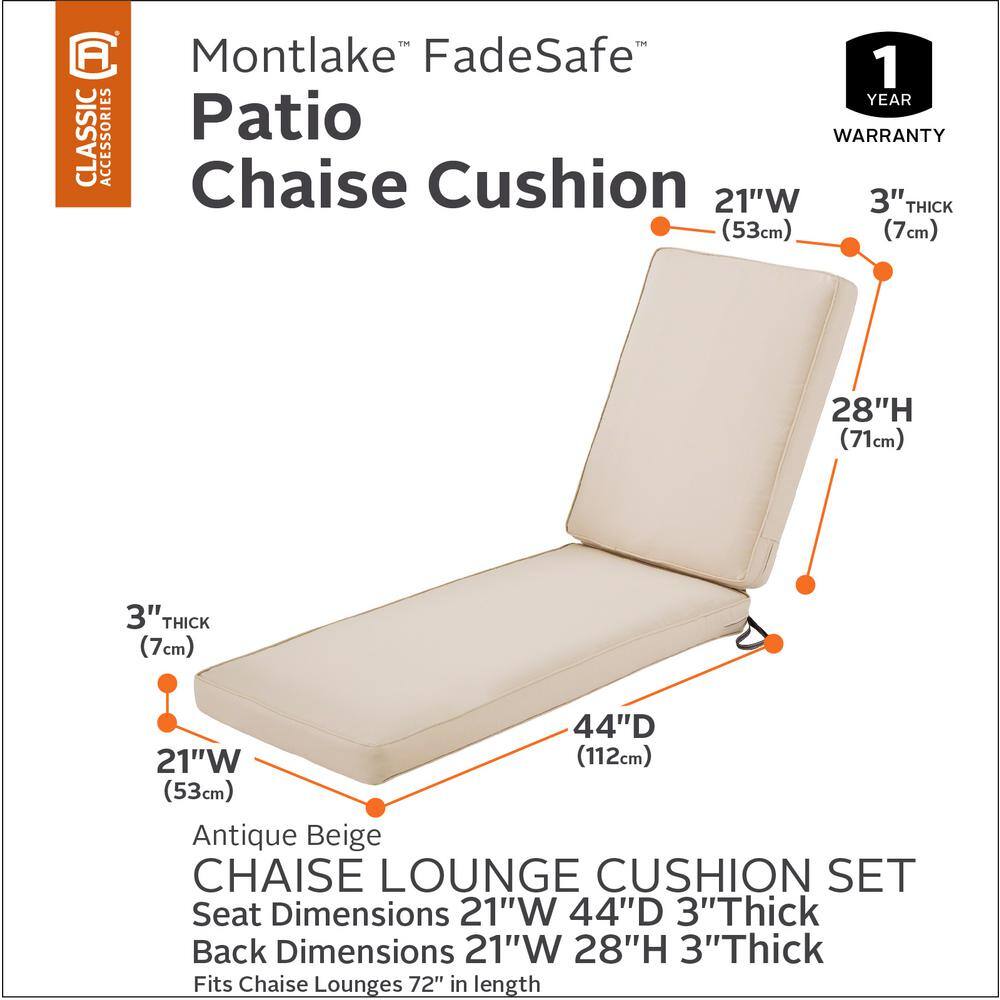 Antique Beige Water-Repellent Outdoor Chaise Lounge Cushion, 72 x 21