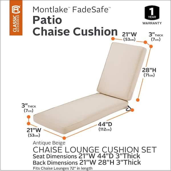 Classic Accessories Montlake FadeSafe Water-Resistant 44 x 20 x 3 inch Patio Chair Cushion, Antique Beige