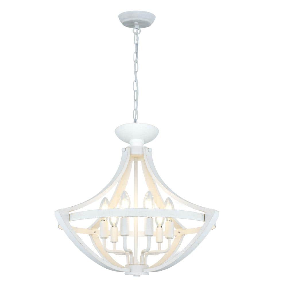 21.6 in. 6-Light Wood Distressed White Rustic Farmhouse Chandelier for Kitc