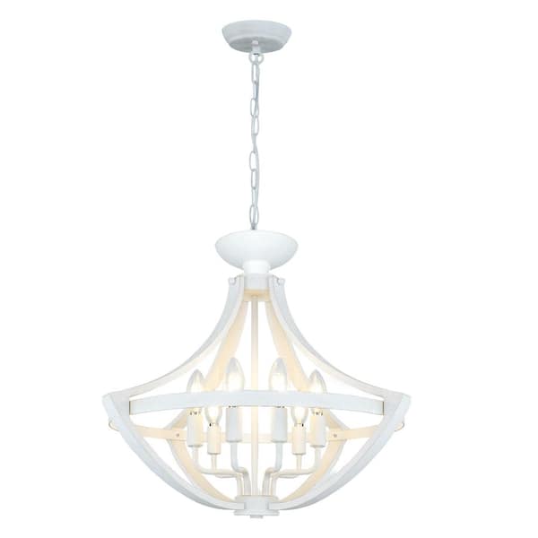 Unbranded 21.6 in. 6-Light Wood Distressed White Rustic Farmhouse Chandelier for Kitchen Island Dining Room Bedroom