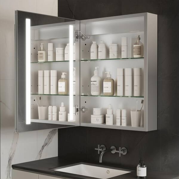GroGro Glare 20 in. W x 26 in. H Rectangular Aluminum Recessed/Surface Mount Left Open Medicine Cabinet with Mirror LED
