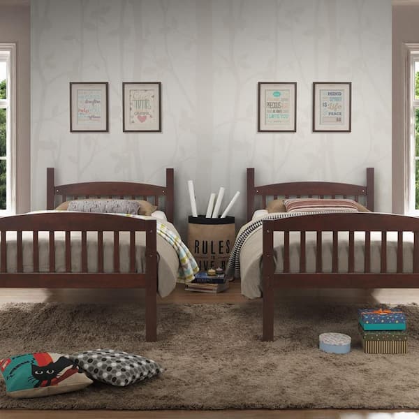 Espresso Wood Solid Hardwood Twin Bunk Beds Detachable Safety Rail