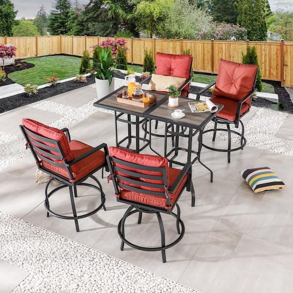 Patio Festival 6-Piece Metal Bar Height Outdoor Dining Set with Red Cushions