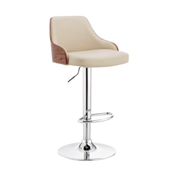 Asher 24-33 in. Adjustable Height High Back Beige Cream Faux Leather and Chrome Finish Bar Stool