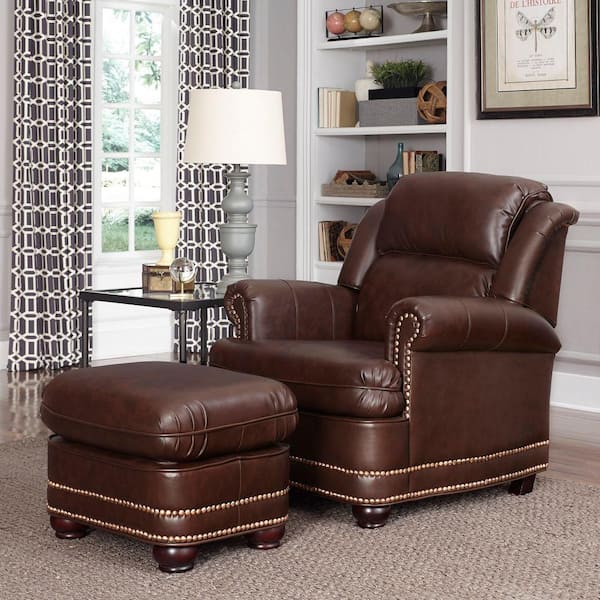 HOMESTYLES Beau Brown Faux Leather Arm Chair with Ottoman