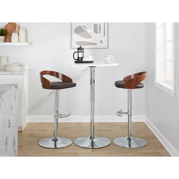 Lumisource Grotto 32.25 in. Brown Faux Leather, Walnut Wood and Chrome Metal Adjustable Bar Stool (Set of 2)