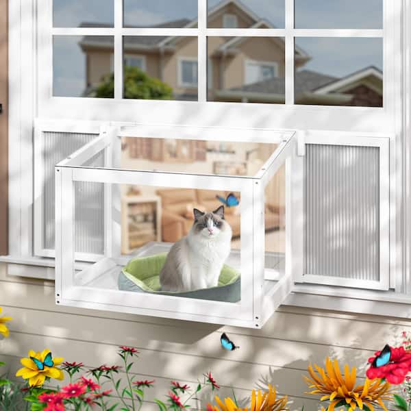 Cat Window Box, Catio Outdoor Cat Enclosure Window with Water-resistant Transparent Top and Adjustable Honeycomb Curtain