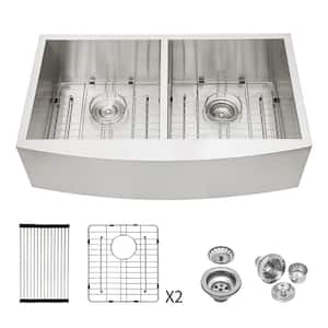 33 in. Farmhouse/Apron-Front Double Bowl(50/50) 18 Gauge Brushed Nickel Stainless Steel Kitchen Sink with Bottom Grids