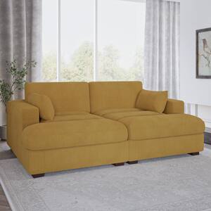83.9 in. Modern Square Arm Corduroy Fabric Upholstered Sectional Sofa in. Orange With Two Pillows And Wood Leg