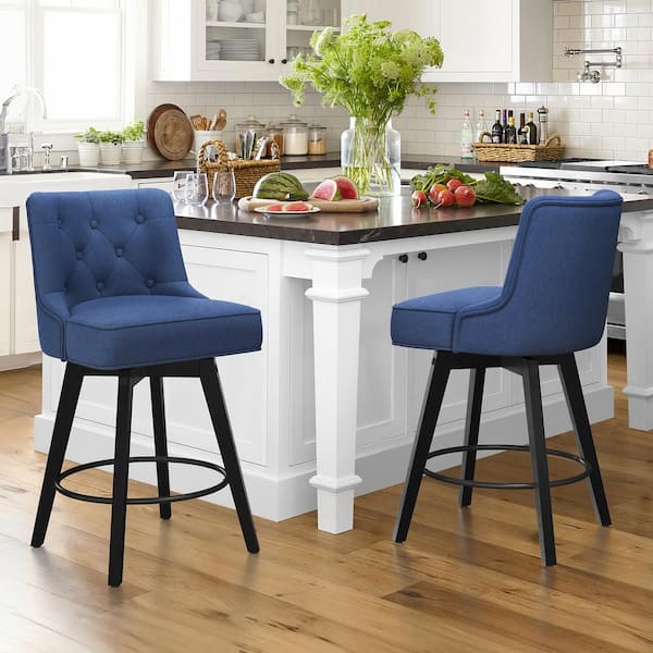Roman 26.5 in. Navy Blue Fabric Upholstered Solid Wood Leg Counter Height Swivel Bar Stool With Back（Set of 2）