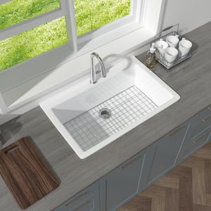 Kitchen Sink 33 in. Drop-in Top Mount Single Bowl White Fireclay Kitchen Sink 1-Faucet Hole with Bottom Grid Strainer