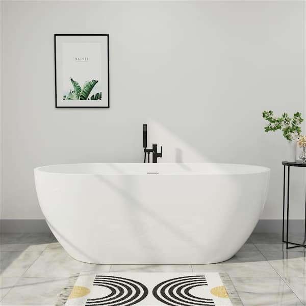 Mokleba 62 in. H Acrylic Flatbottom Non-Whirlpool Bathtub in White Freestanding Soaking Center Drain Tubs