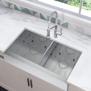Professional 36 in. Farmhouse/Apron-Front 50/50 Double Bowl 16 Gauge Stainless Steel Kitchen Sink with Accessories