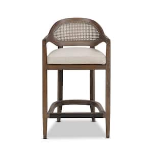 Americana 26 in. Mid-Century Modern Oak Wood Frame Cane Rattan Back Kitchen Counter Height Bar Stool in Taupe Beige