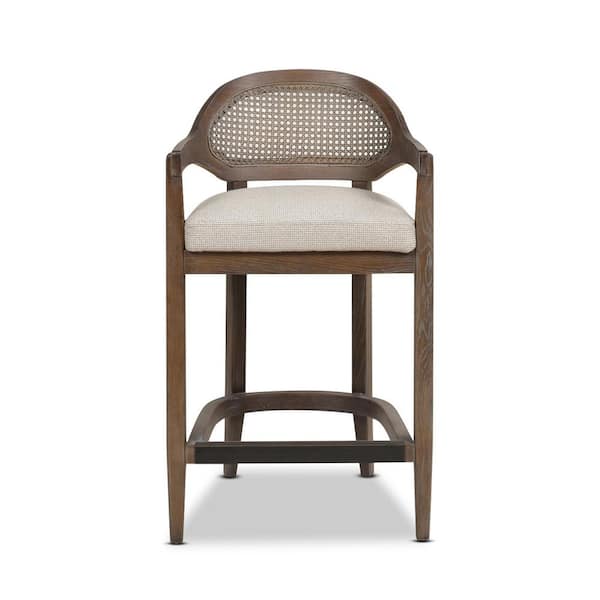 Jennifer Taylor Americana 26 in. Mid-Century Modern Oak Wood Frame Cane Rattan Back Kitchen Counter Height Bar Stool in Taupe Beige