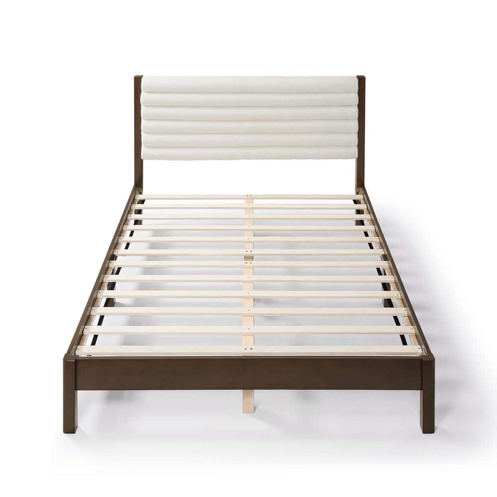 Adin Queen Dark Walnut Wood Frame Bed with White Boucle Upholstered Headboard