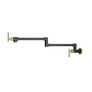 2 Handle Wall Mounted Pot Filler with Swing Arms Stainless Steel Single Hole Folding Kitchen Sink Faucet in Black & Gold