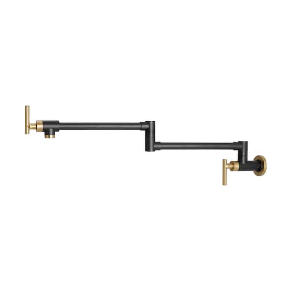 AIMADI 2 Handle Wall Mounted Pot Filler with Swing Arms Stainless Steel Single Hole Folding Kitchen Sink Faucet in Black & Gold