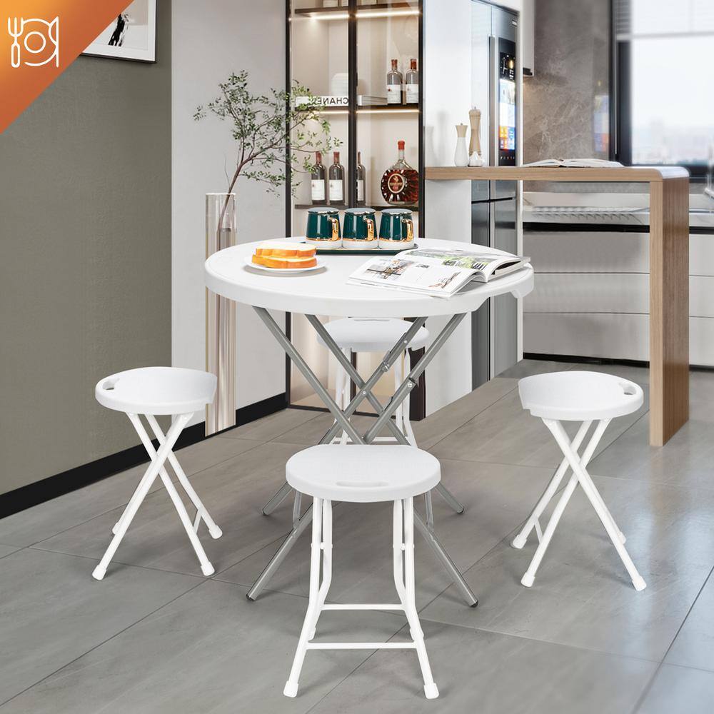 Vingli 32" Round White Plastic Folding Dining Table with Gray Steel Frame