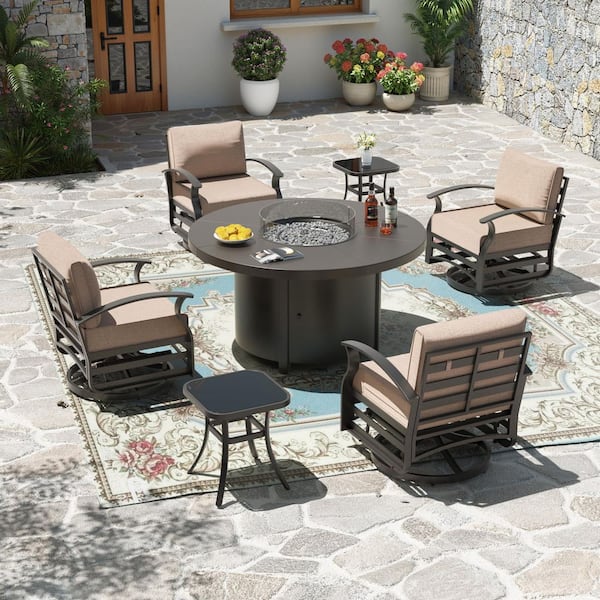 7-Piece Outdoor Aluminum Swivel Rocking Chairs Patio Converstion Set with 40,000BTU Round Fire Pit Table, Sand Cushions