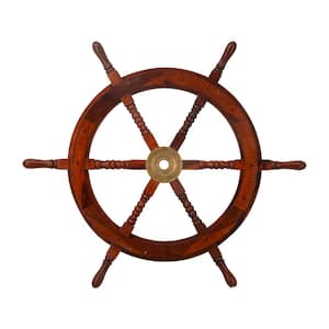 30 in. x  30 in. Wood Brown Ship Wheel Sail Boat Wall Decor with Gold Hardware