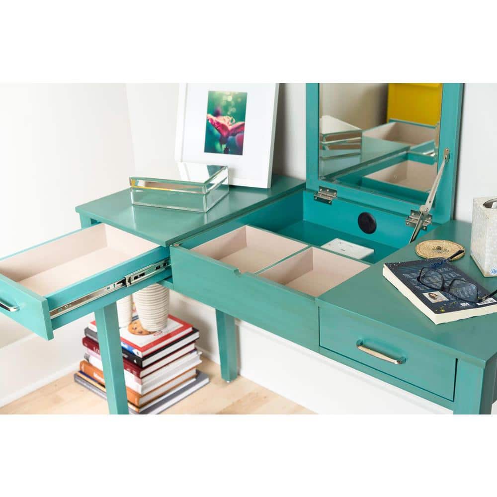 Ainsley Turquoise Solid Wood Vanity Desk with Mirror and USB