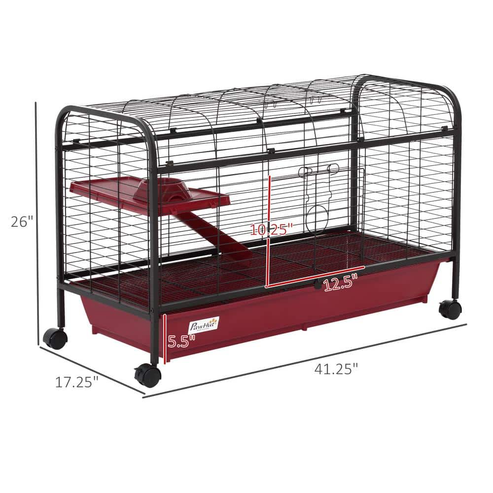 PawHut Red and Black Small Animal Cage with Ramp and Feeder