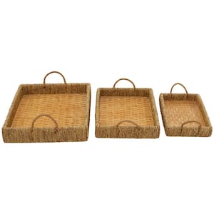 Brown Bamboo Woven Decorative Tray with Handles (Set of 3)