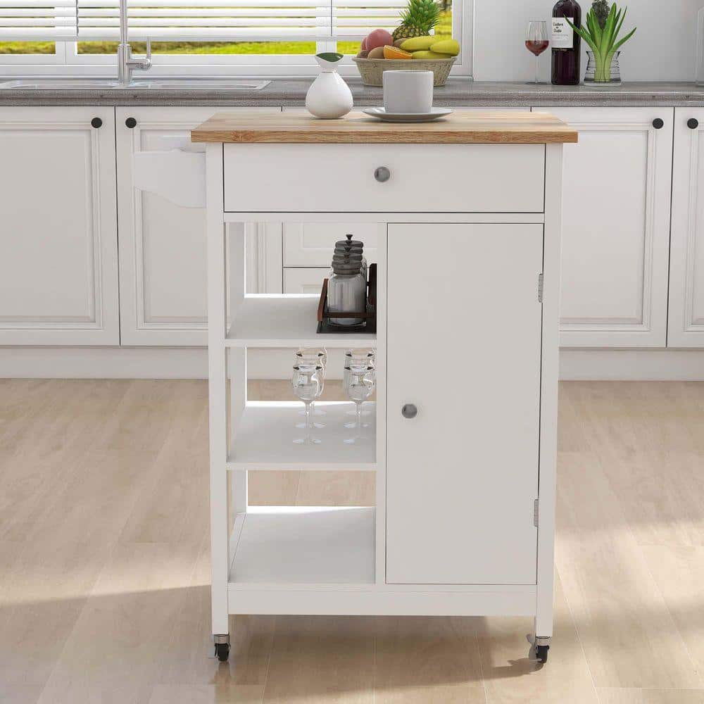 White Wood 25.98 in. Kitchen Island with Adjustable Shelves and Towel Rack Rubber Wood Table Top, Rolling Trolley Cart