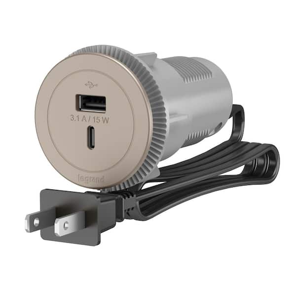 Legrand Round 2 Type A/C USB Nickel Recessed Furniture Power Strip with 6 Ft. Cord
