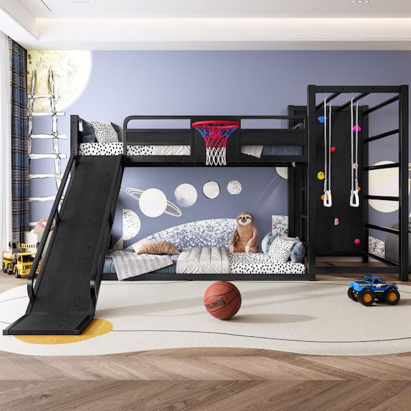 Black MDF, Metal Twin over Twin Bunk Bed with Basketball Hoop