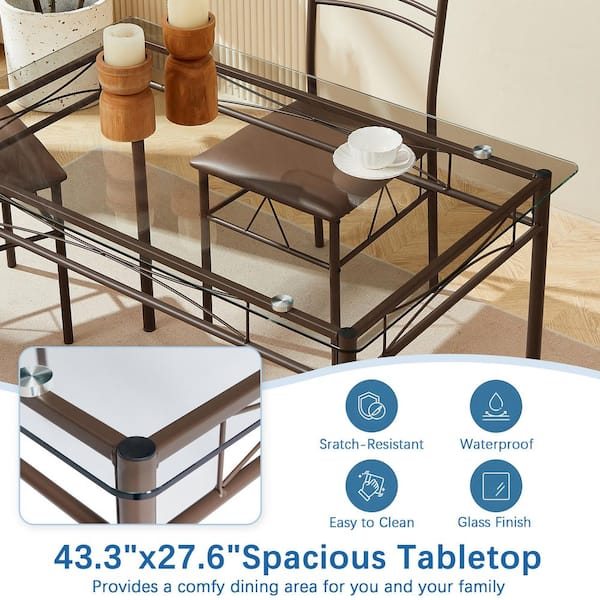 5-Piece Dining Table Set Dining Table and Chairs Dining Sets for 4, Space Saving Sturdy Metal Frames and Brown Glass Top