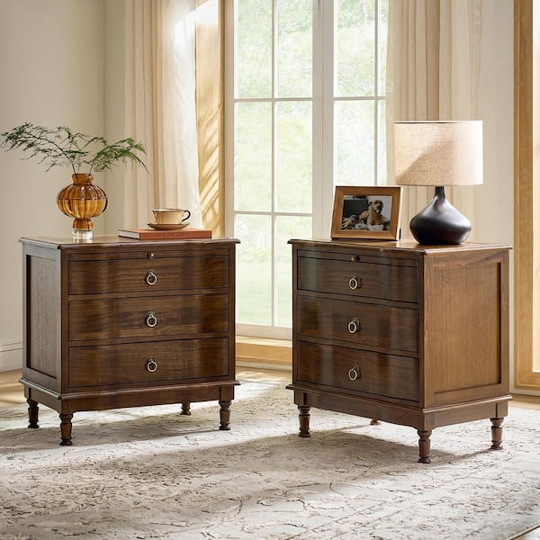 Di Walnut Traditional 3-Drawer 26 in. W Nightstand Set of 2