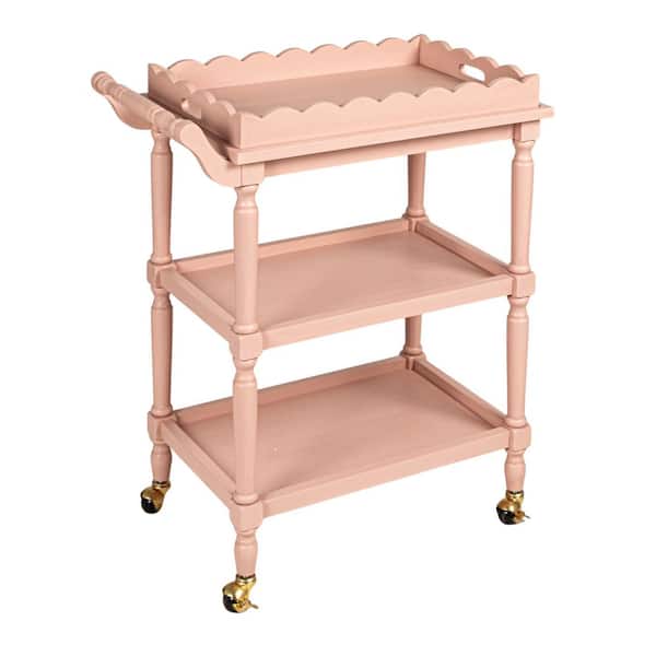 Storied Home Pink 3-Tier Bar Cart on Casters with Removable Scalloped Tray