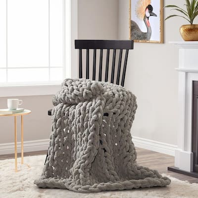 Chunky Knitted Olive Acrylic Throw Blanket