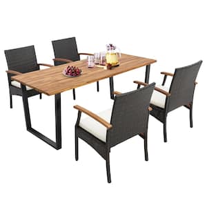 5 Piece Wicker Outdoor Dining Set Acacia Wood Table 4 Wicker Chairs with Umbrella Hole and White Cushions
