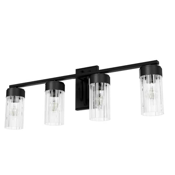 Hunter Gatz 31.5 in. 4-Light Matte Black Vanity Light with Clear Fluted Glass Shades