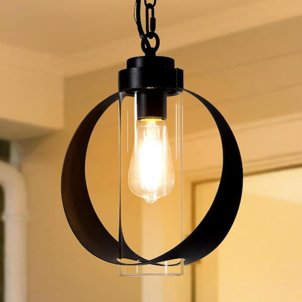 1 Light Black Round Pendant Light with Cylinder Glass Shade, No Bulbs Included