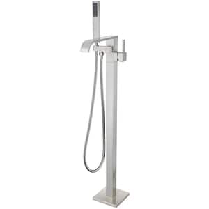 1-Handle Freestanding Floor Mount Tub Faucet Bathtub Filler with Hand Shower in BRUSHED NICKEL