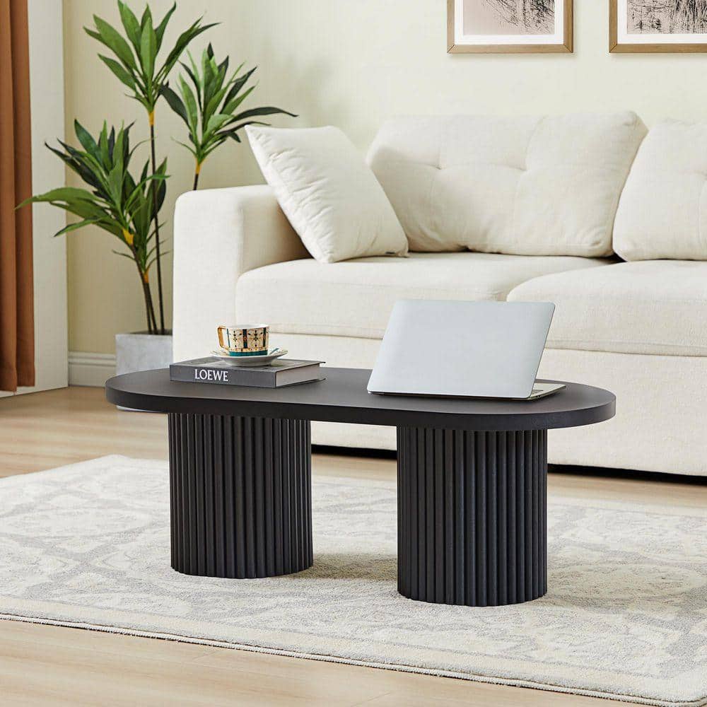 ATHMILE 39.38 in. Multi-Scenario Black Oval MDF Coffee Table BK