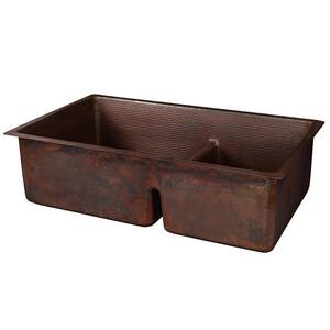 Dual-Mount Hammered Copper 33 in. 60/40 Double Bowl Kitchen Sink with Short Divide in Oil Rubbed Bronze