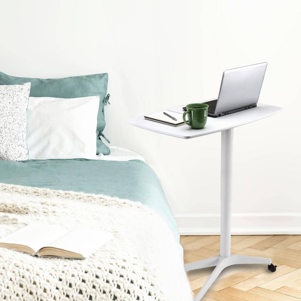 White Steel Adjustable Overbed Table with Casters