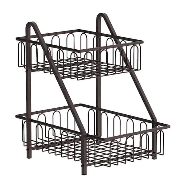AULEDIO 1-Piece 2-Tier Metal Rectangle Fruit Basket Storage Holder with Handle, Bronze